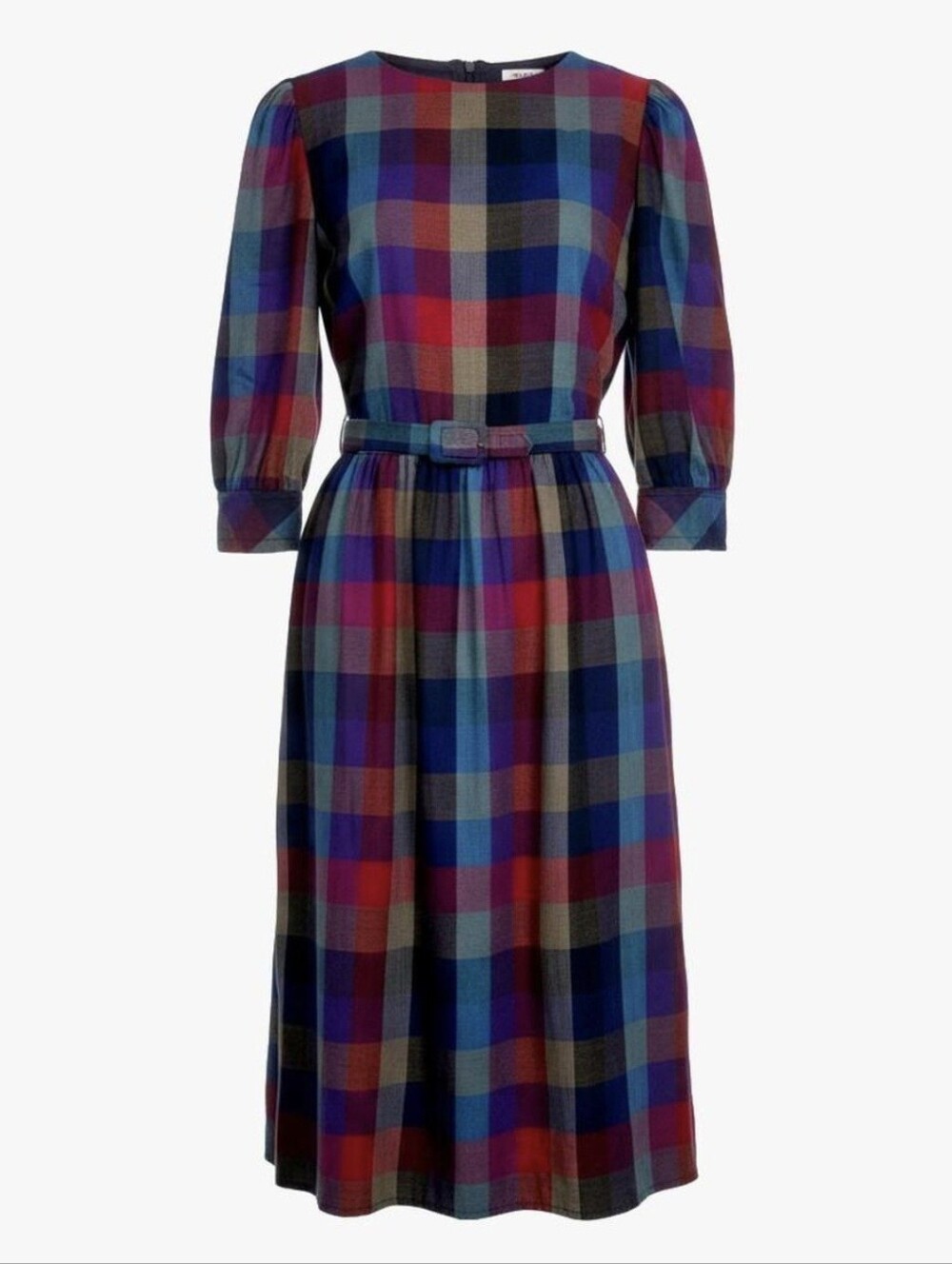 Vintage Sears 1970s Plaid Midi Dress XS/S Belted Puff Sleeve